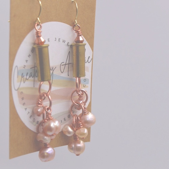 Handmade Pearl and Copper Earrings 14k GP- Unique Statement Piece - Picture 5 of 6